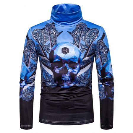 New Men's Large Size 3D Snake Print Skull Print High Neck Long Sleeve T-Shirt Bottoming Shirt