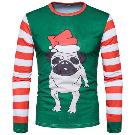 Men's New Special 3D Printing Cartoon Dog Christmas Hat Round Neck Long Sleeve T-Shirt