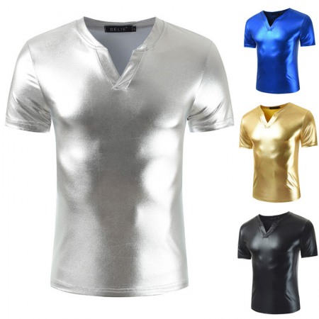 Men's T-Shirt V-Neck Solid Color Shiny Nightclub Design Dynamic Fashion Sexy Mens Short Sleeve T-Shirt