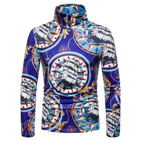 New Men's Large Size 3D Retro Pattern Printing High Neck Long Sleeve T-Shirt Bottoming Shirt